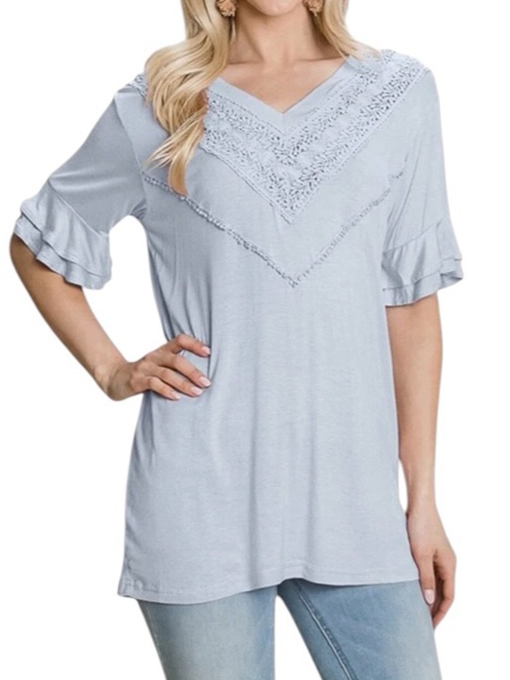 Crochet & Ruffle Accent Soft Stretchy Rayon Flowy Boho Top Light Dusty Blue